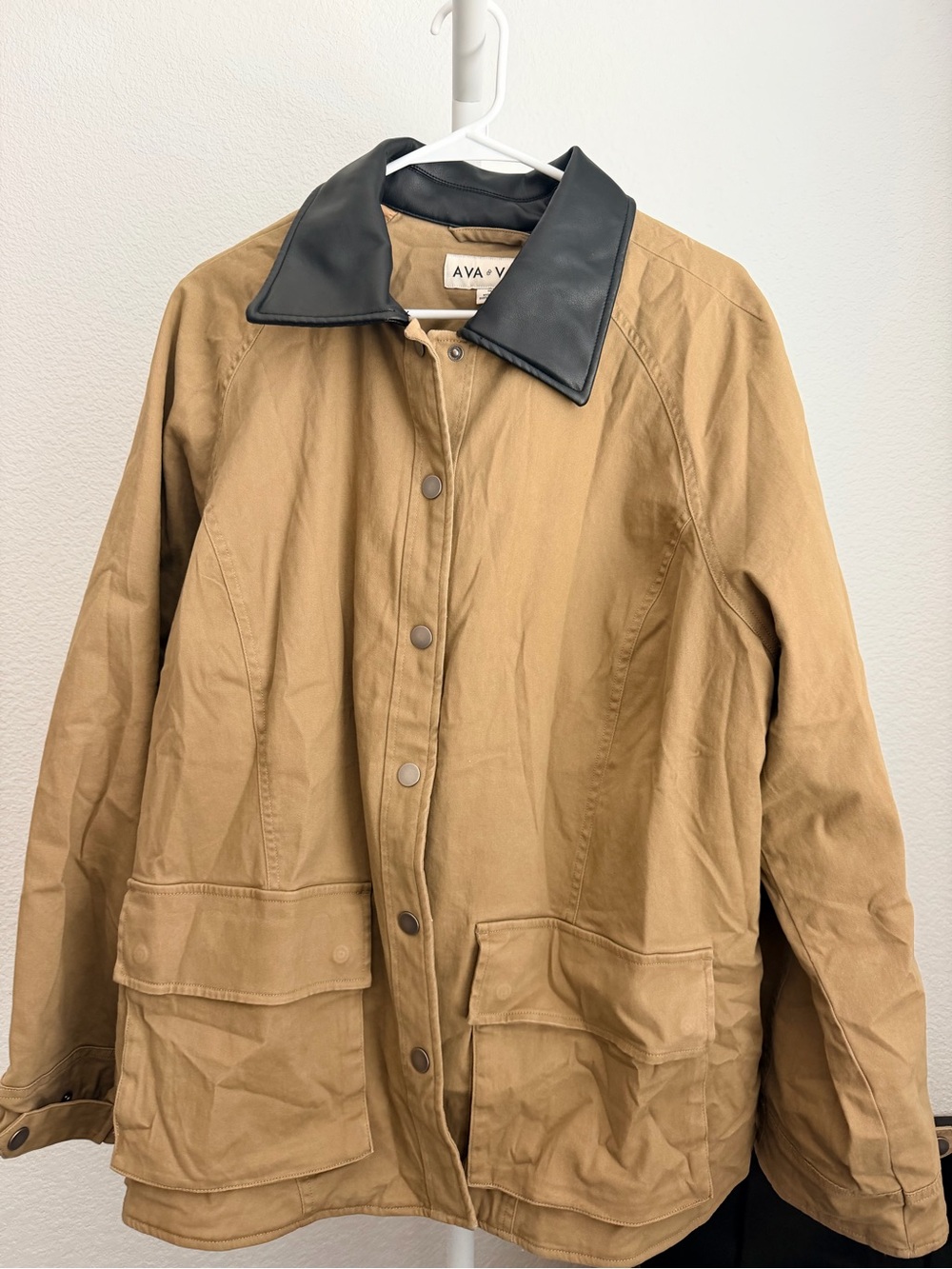Ava & Viv Tan Jacket with Black Faux Leather Collar